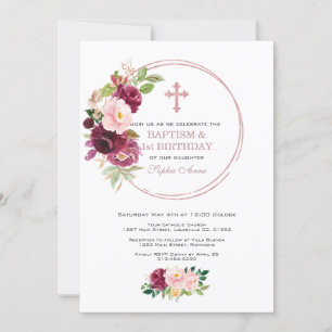 Burgundy Pink Floral Gold 1st Birthday & Baptism Invitation