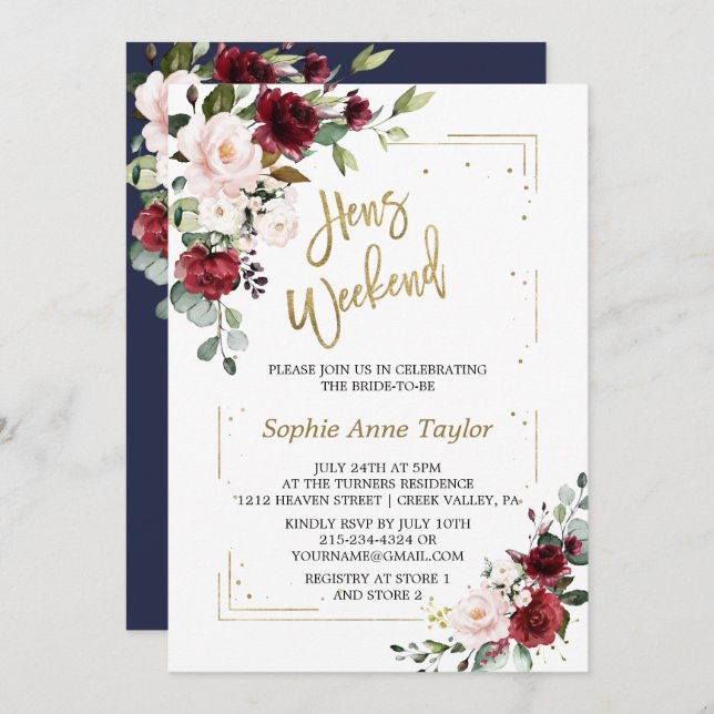 Burgundy Pink Floral Gold Bachelorette Weekend Invitation (Front/Back)