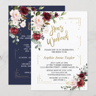 Burgundy Pink Floral Gold Bachelorette Weekend Invitation