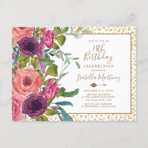 Burgundy Pink Floral Gold Glitter 18th Birthday Invitation Postcard