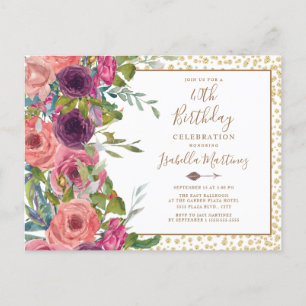 Burgundy Pink Floral Gold Glitter 40th Birthday Invitation Postcard