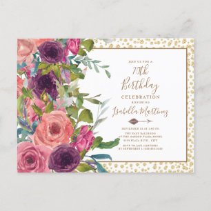 Burgundy Pink Floral Gold Glitter 70th Birthday Invitation Postcard