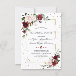 Burgundy Pink Floral Gold Glitter Rehearsal Dinner Invitation