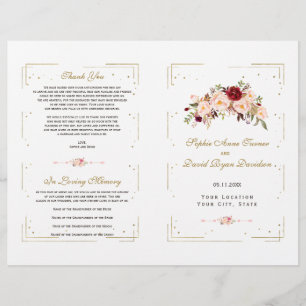 Burgundy Pink Floral Gold Glitter Wedding Program