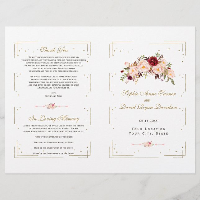 Burgundy Pink Floral Gold Glitter Wedding Program (Front)