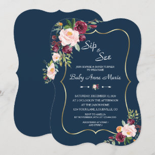 Burgundy Pink Floral Gold Navy Baby Shower Invitation