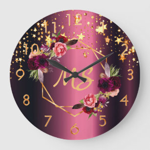 Burgundy pink floral gold stars monogram large clock