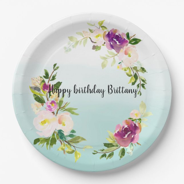 Burgundy Pink Floral Mint Ombre watercolor Paper Plate (Front)