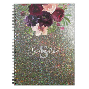 Burgundy &  Pink Floral Monogram - Silver Glitter Notebook