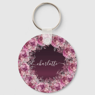 Burgundy pink floral name script key ring