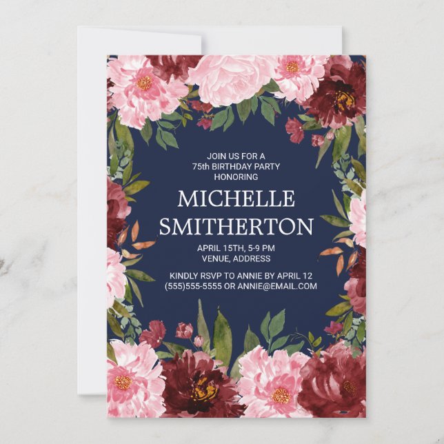 Burgundy Pink Floral Navy Blue 75th Birthday Invitation (Front)