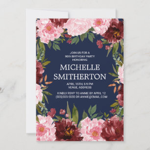 Burgundy Pink Floral Navy Blue 90th Birthday Invitation