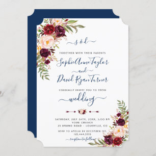 Burgundy Pink Floral Navy Blue Calligraphy Wedding Invitation