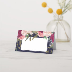 burgundy pink floral navy wedding place card