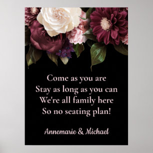 Burgundy & Pink Floral No Seating Plan Wedding Poster