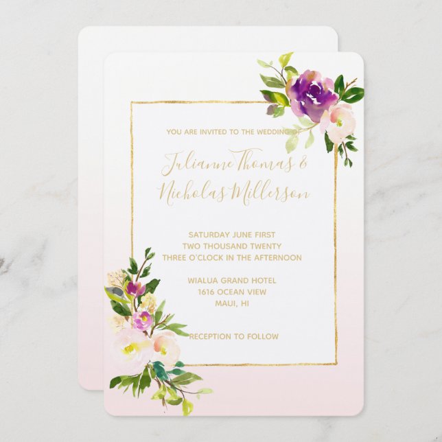 Burgundy Pink Floral Ombre Wedding Invitation (Front/Back)
