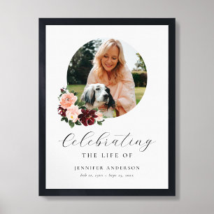 Burgundy Pink Floral Photo Memorial Funeral Sign