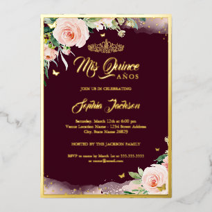 Burgundy Pink Floral Quinceanera Birthday  Foil In