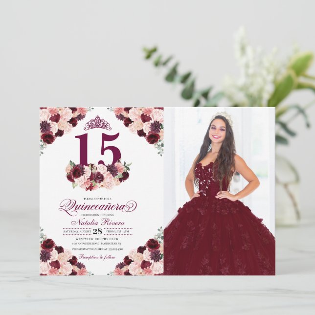 Burgundy Pink Floral Quinceanera Birthday Photo Invitation (Standing Front)