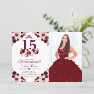 Burgundy Pink Floral Quinceanera Birthday Photo Invitation