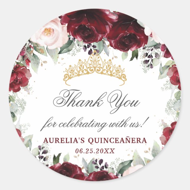 Burgundy Pink Floral Quinceanera Favour Thank You  Classic Round Sticker (Front)