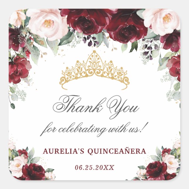 Burgundy Pink Floral Quinceanera Favour Thank You  Square Sticker (Front)