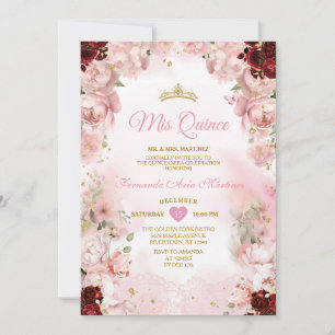 Burgundy Pink Floral  Ribbon Gold Crown Mis Quince Invitation
