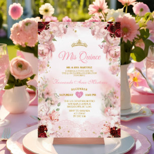 Burgundy Pink Floral Ribbon Gold Crown Mis Quince Invitation