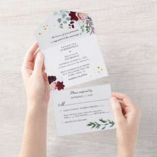 Burgundy Pink Floral Script Greenery Wedding All In One Invitation
