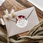 Burgundy Pink Floral Thank You Wedding Favour  Classic Round Sticker<br><div class="desc">This burgundy pink floral thank you wedding favour classic round sticker is perfect for a rustic wedding. The design features burgundy, pink blush flowers with green leaves, inspiring artistic beauty. Make the sticker labels your own by including your names, the event (if applicable), and the date. These stickers can compliment...</div>