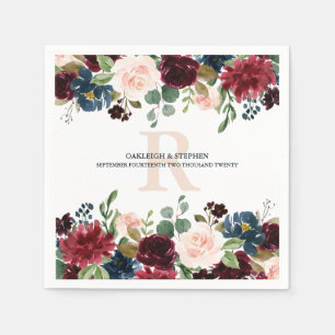 Burgundy Pink Floral Watercolor Monogram Wedding Napkin