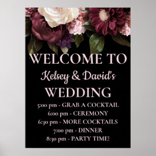 Burgundy & Pink Floral Wedding Details Welcome Poster