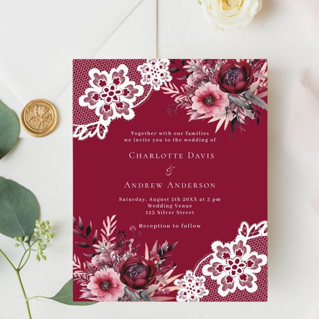 Burgundy pink floral white lace wedding invitation (Creator Uploaded)