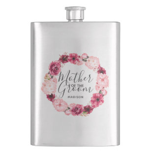Burgundy & Pink Floral Wreath Mother of the Groom Hip Flask