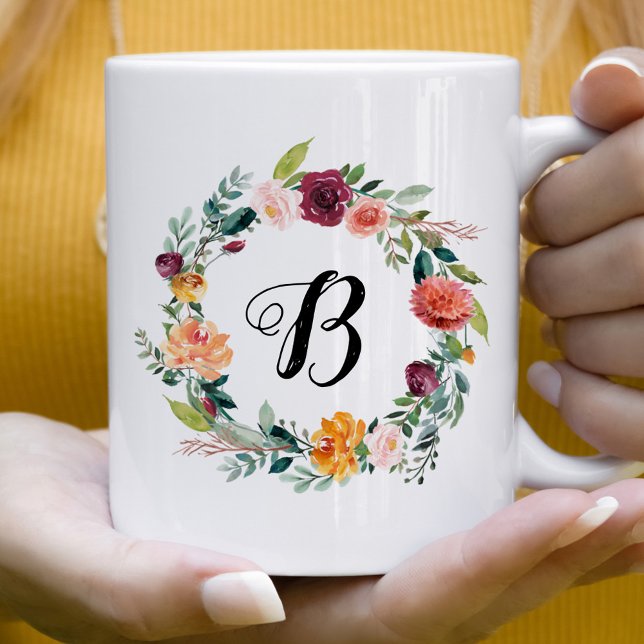Burgundy Pink Floral Wreath Script Initial Coffee Mug (Creator Uploaded)