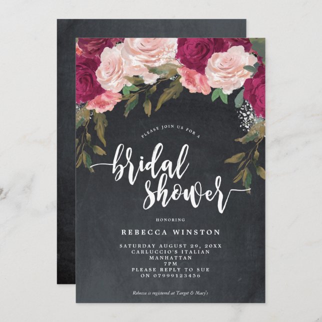 burgundy pink florals bridal shower invite (Front/Back)