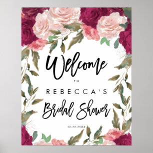 burgundy pink florals bridal shower welcome sign