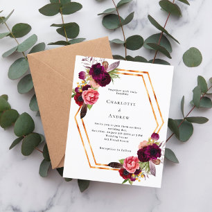 Burgundy pink florals gold geo wedding invitation