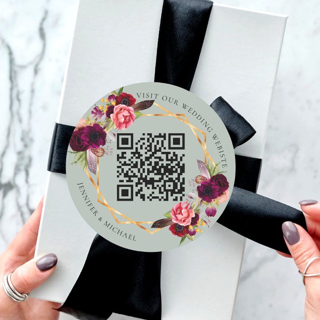 Burgundy pink florals sage geometric QR wedding Classic Round Sticker (Creator Uploaded)