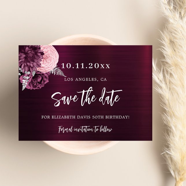 Burgundy pink flowers 50th birthday save the date (Creator Uploaded)