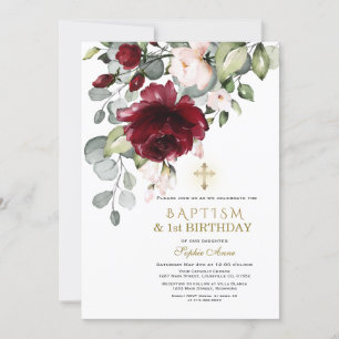 Burgundy Pink Flowers Baptism 1st Birthday Party Invitation