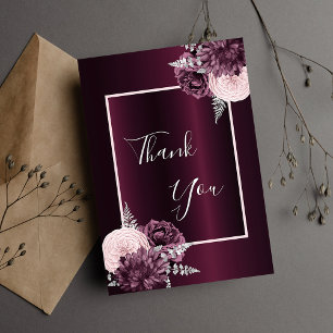 Burgundy pink flowers elegant glamourous thank you card