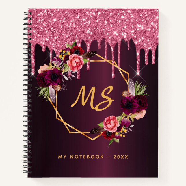 Burgundy pink flowers glitter drips monogram notebook (Front)