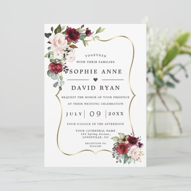 Burgundy Pink Flowers Gold All In One Wedding   Invitation (Standing Front)