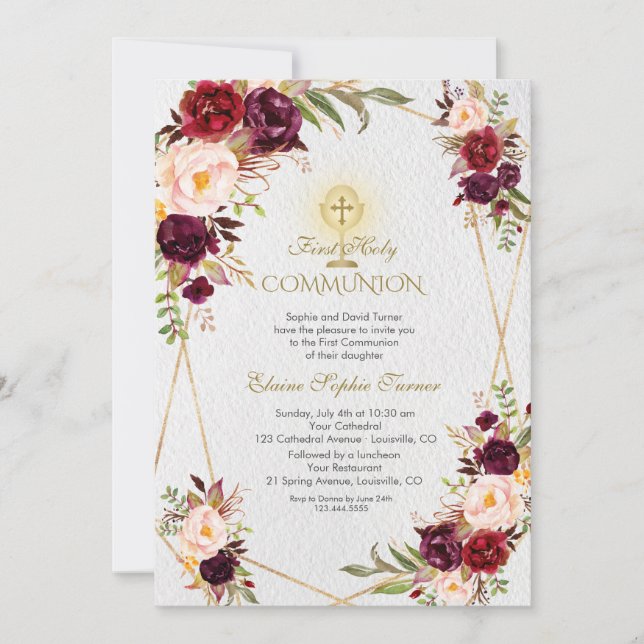 Burgundy Pink Flowers Gold First Holy Communion Invitation (Front)