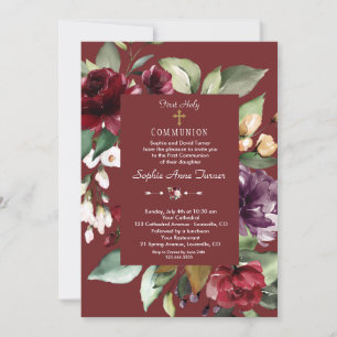 Burgundy Pink Flowers Gold First Holy Communion Invitation