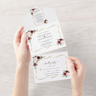 Burgundy Pink Flowers Gold Frame Wedding All In One Invitation
