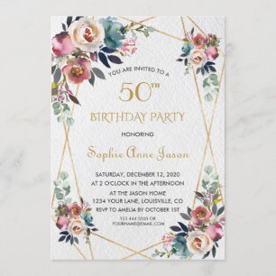 Burgundy Pink Flowers Gold Marble 50th Birthday Invitation