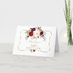 Burgundy Pink Flowers Gold White Cross Baptism Thank You Card