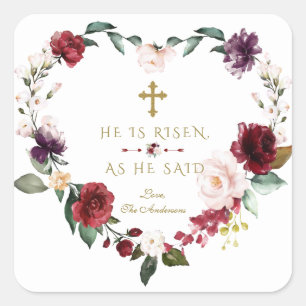 Burgundy Pink Flowers He Is Risen Gold Easter Square Sticker